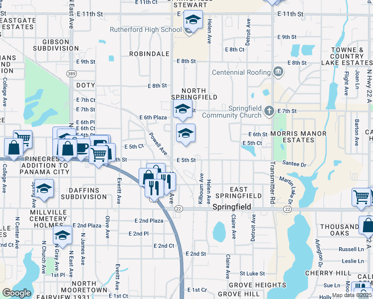 map of restaurants, bars, coffee shops, grocery stores, and more near 520 School Avenue in Panama City