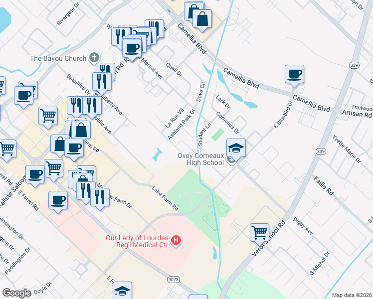 map of restaurants, bars, coffee shops, grocery stores, and more near 118 Tonbridge Drive in Lafayette