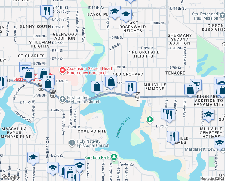 map of restaurants, bars, coffee shops, grocery stores, and more near 469 Williams Avenue in Panama City