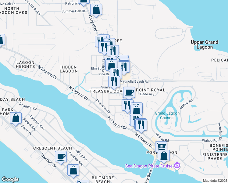 map of restaurants, bars, coffee shops, grocery stores, and more near 6210 East Azalea Avenue in Panama City