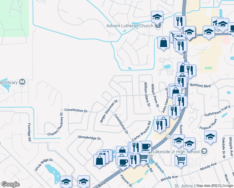 map of restaurants, bars, coffee shops, grocery stores, and more near 562 Edward Rutledge Street in Orange Park