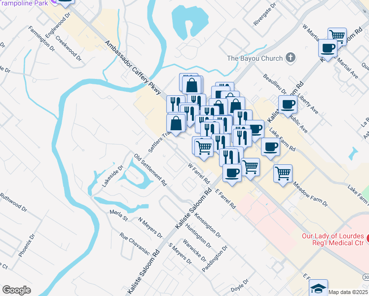 map of restaurants, bars, coffee shops, grocery stores, and more near 4310 Ambassador Caffery Parkway in Lafayette