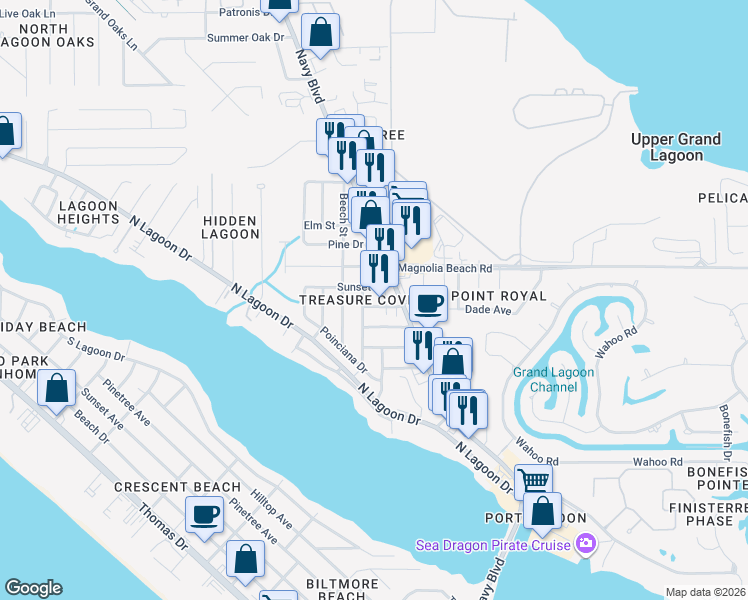 map of restaurants, bars, coffee shops, grocery stores, and more near 6210 East Azalea Avenue in Panama City
