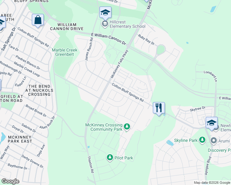 map of restaurants, bars, coffee shops, grocery stores, and more near 7245-7351 Colton-Bluff Springs Road in Austin