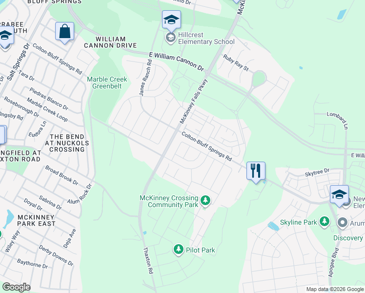 map of restaurants, bars, coffee shops, grocery stores, and more near 7245-7351 Colton-Bluff Springs Road in Austin