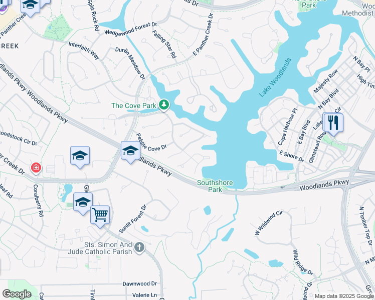 map of restaurants, bars, coffee shops, grocery stores, and more near 30 Harbor Cove Drive in Spring