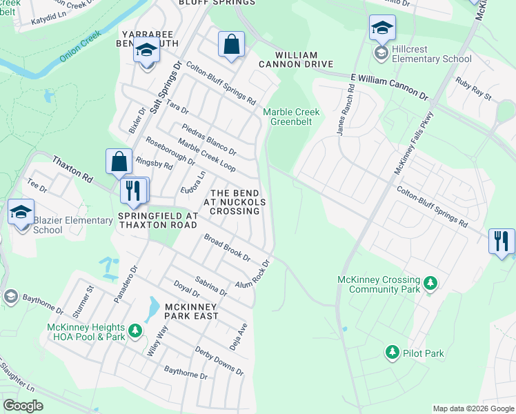 map of restaurants, bars, coffee shops, grocery stores, and more near 7902 Marble Ridge Drive in Austin
