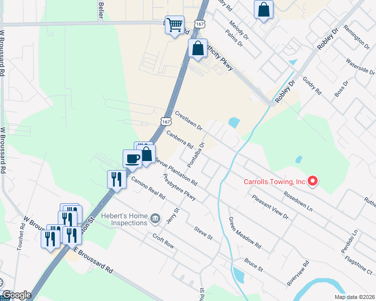 map of restaurants, bars, coffee shops, grocery stores, and more near 207 Pontalba Drive in Lafayette
