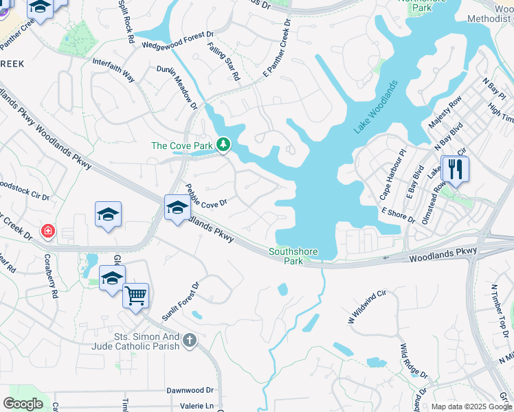 map of restaurants, bars, coffee shops, grocery stores, and more near 30 Harbor Cove Drive in Spring