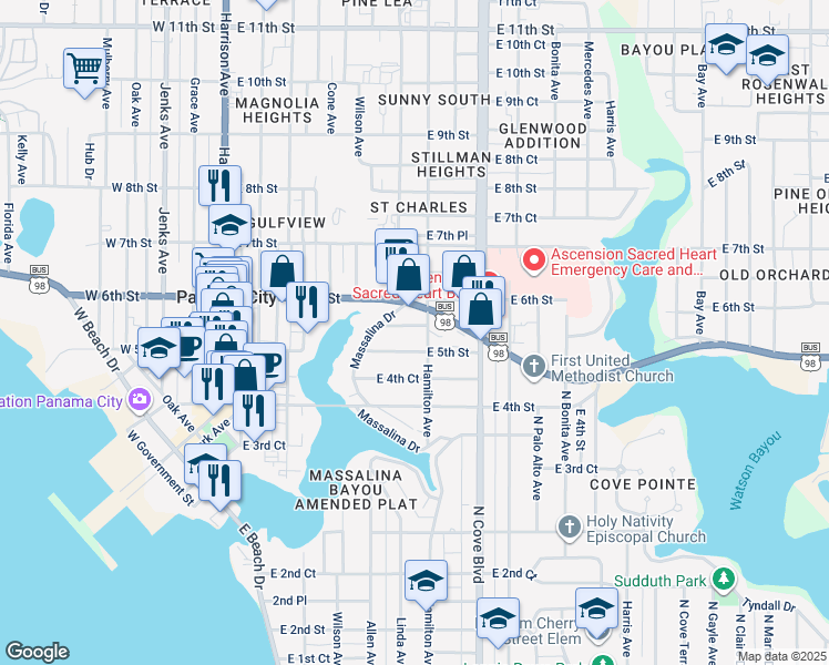 map of restaurants, bars, coffee shops, grocery stores, and more near 530 East 5th Court in Panama City