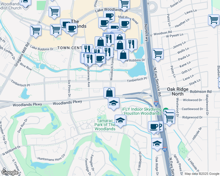 map of restaurants, bars, coffee shops, grocery stores, and more near 10101 Woodloch Forest Drive in The Woodlands