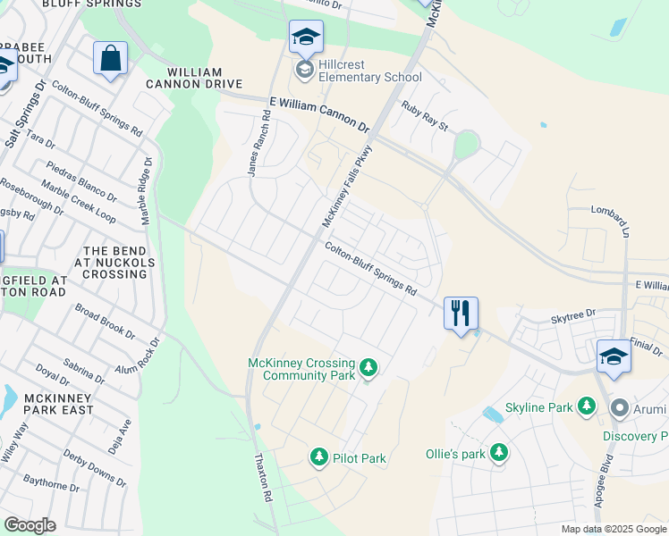 map of restaurants, bars, coffee shops, grocery stores, and more near 7245-7351 Colton-Bluff Springs Road in Austin
