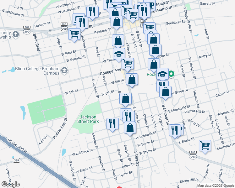 map of restaurants, bars, coffee shops, grocery stores, and more near 1221 South Day Street in Brenham