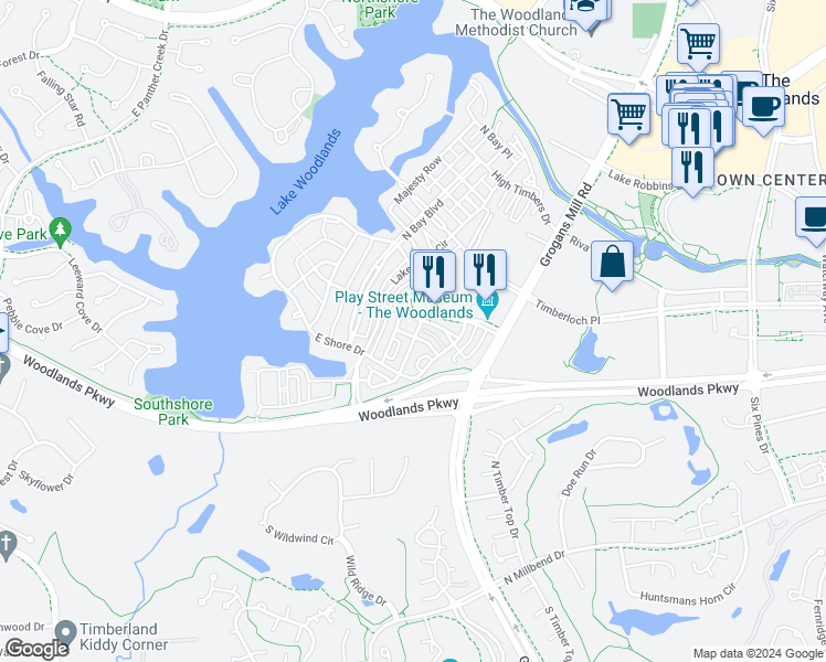 map of restaurants, bars, coffee shops, grocery stores, and more near 62 History Row in The Woodlands