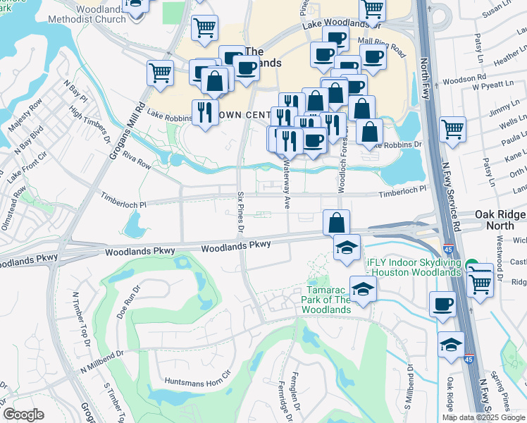 map of restaurants, bars, coffee shops, grocery stores, and more near 1 Waterway Avenue in The Woodlands