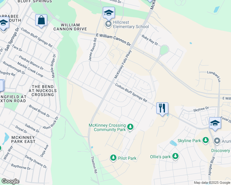 map of restaurants, bars, coffee shops, grocery stores, and more near 7245-7351 Colton-Bluff Springs Road in Austin