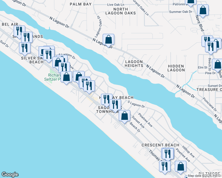 map of restaurants, bars, coffee shops, grocery stores, and more near 6821 South Lagoon Drive in Panama City Beach