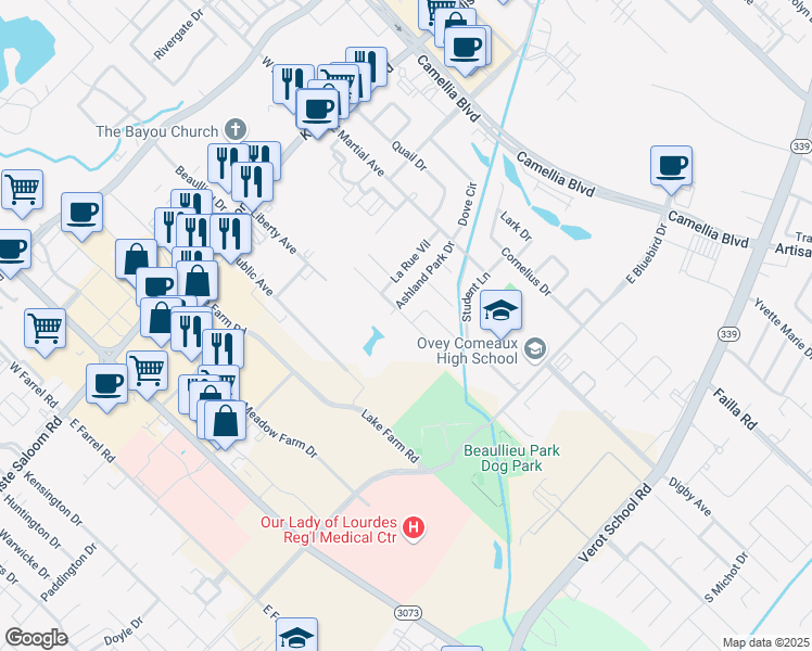 map of restaurants, bars, coffee shops, grocery stores, and more near 131 Durham Drive in Lafayette