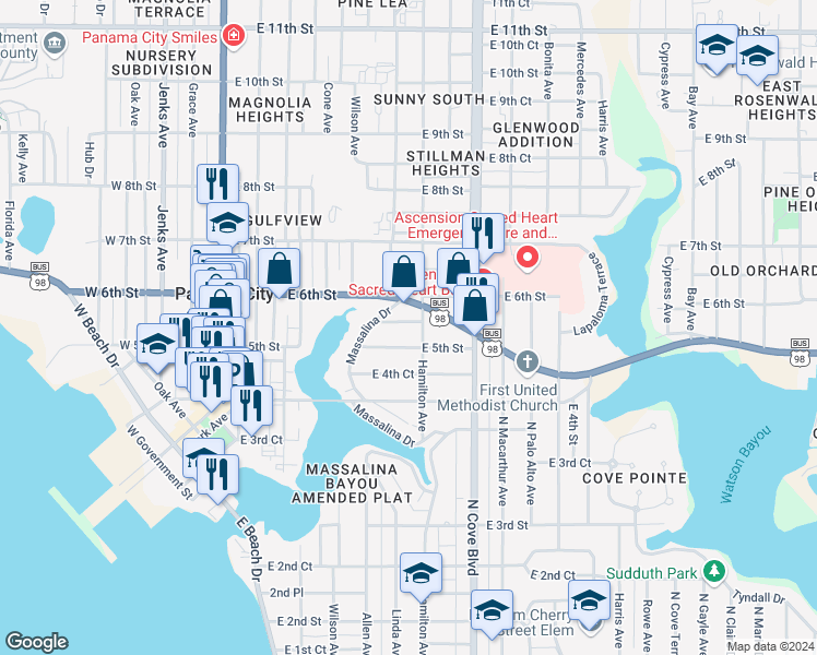 map of restaurants, bars, coffee shops, grocery stores, and more near 530 East 5th Court in Panama City