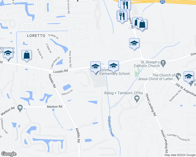 map of restaurants, bars, coffee shops, grocery stores, and more near 3900 Loretto Road in Jacksonville