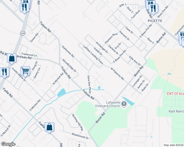 map of restaurants, bars, coffee shops, grocery stores, and more near 107 Shady Park Drive in Lafayette