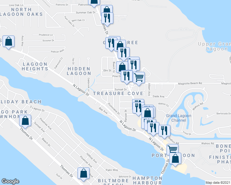 map of restaurants, bars, coffee shops, grocery stores, and more near in Upper Grand Lagoon