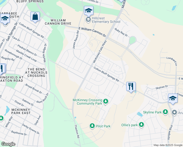 map of restaurants, bars, coffee shops, grocery stores, and more near 7245-7351 Colton-Bluff Springs Road in Austin