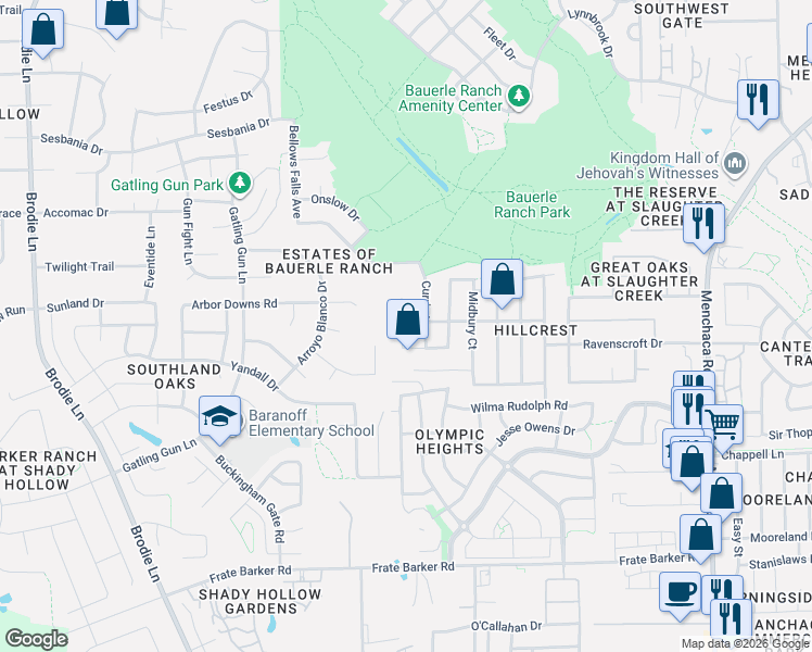 map of restaurants, bars, coffee shops, grocery stores, and more near 11305 Crest Meadow Lane in Austin