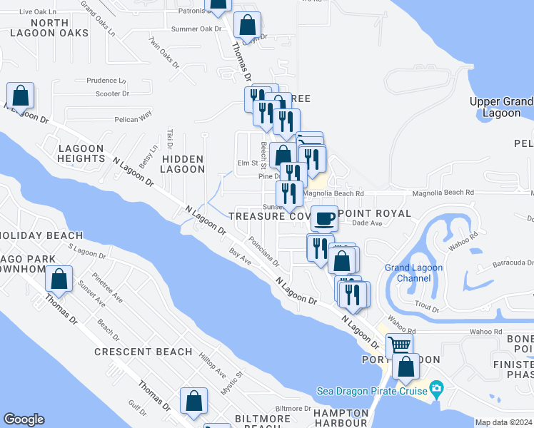 map of restaurants, bars, coffee shops, grocery stores, and more near 2519 Beech Street in Panama City