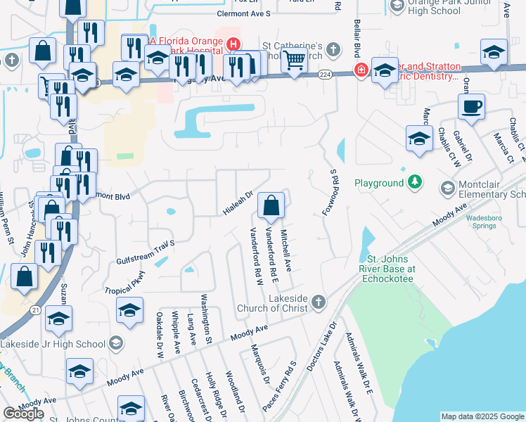 map of restaurants, bars, coffee shops, grocery stores, and more near 145 Vanderford Road West in Orange Park