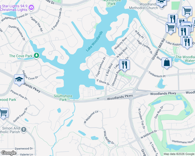 map of restaurants, bars, coffee shops, grocery stores, and more near 27 Southern Crescent Court in Spring