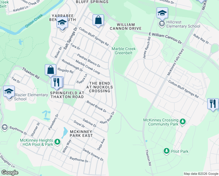 map of restaurants, bars, coffee shops, grocery stores, and more near 7900 Marble Ridge Drive in Austin
