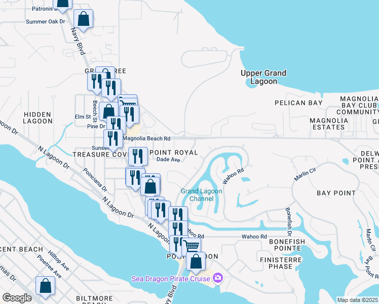 map of restaurants, bars, coffee shops, grocery stores, and more near 6702 Broward Street in Panama City Beach