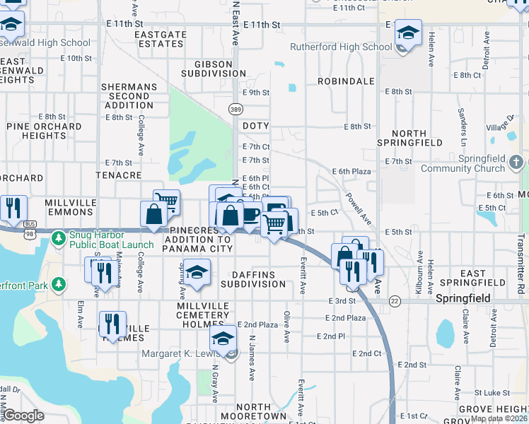 map of restaurants, bars, coffee shops, grocery stores, and more near 512-514 Kraft Ave in Panama City