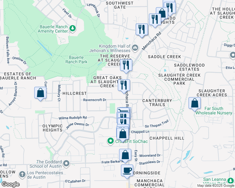 map of restaurants, bars, coffee shops, grocery stores, and more near 11200 Menchaca Road in Austin