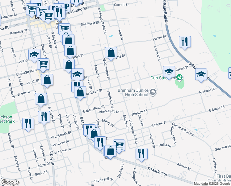 map of restaurants, bars, coffee shops, grocery stores, and more near 1405 Harrison Road in Brenham