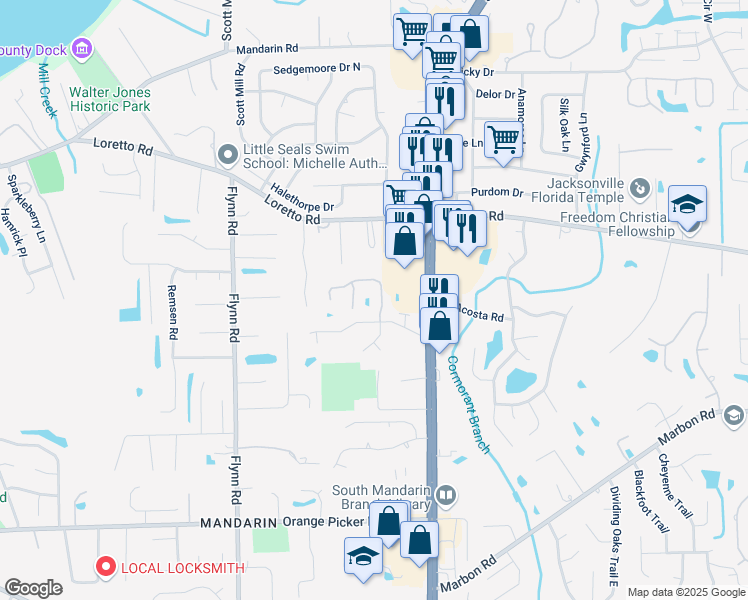 map of restaurants, bars, coffee shops, grocery stores, and more near 11797 Paddock Gates Drive in Jacksonville