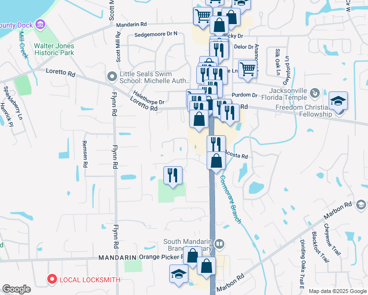 map of restaurants, bars, coffee shops, grocery stores, and more near 11797 Paddock Gates Drive in Jacksonville