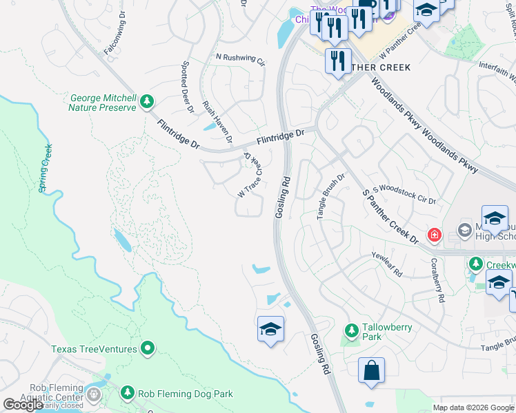 map of restaurants, bars, coffee shops, grocery stores, and more near 91 South Trace Creek Drive in Spring