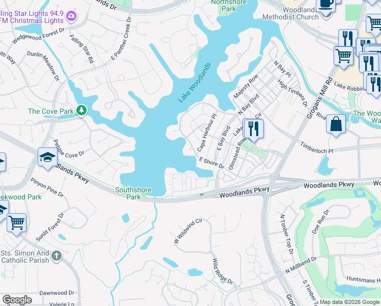 map of restaurants, bars, coffee shops, grocery stores, and more near 27 Southern Crescent Court in Spring