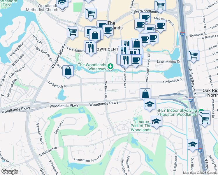 map of restaurants, bars, coffee shops, grocery stores, and more near 10100 Six Pines Drive in The Woodlands