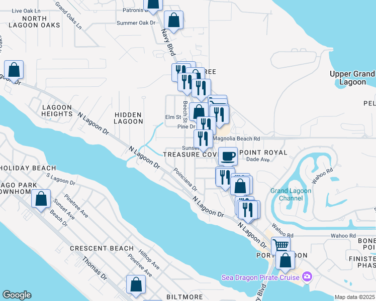 map of restaurants, bars, coffee shops, grocery stores, and more near 2515 Beech Street in Panama City