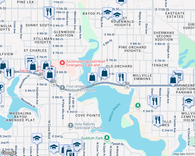 map of restaurants, bars, coffee shops, grocery stores, and more near 1201 East 5th Street in Panama City
