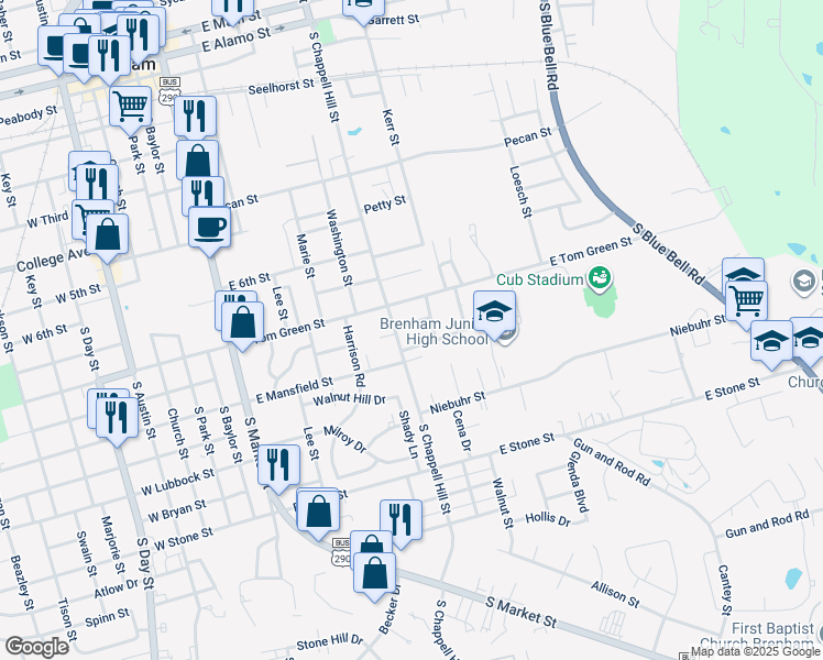 map of restaurants, bars, coffee shops, grocery stores, and more near 1503 South Chappell Hill Street in Brenham