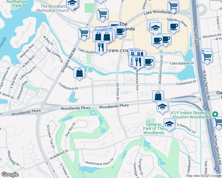 map of restaurants, bars, coffee shops, grocery stores, and more near 10001 Six Pines Drive in Spring