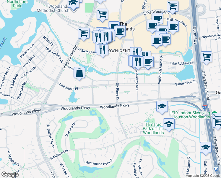 map of restaurants, bars, coffee shops, grocery stores, and more near 10001 Six Pines Drive in Spring
