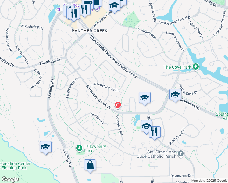 map of restaurants, bars, coffee shops, grocery stores, and more near 10 Pineash Court in Spring