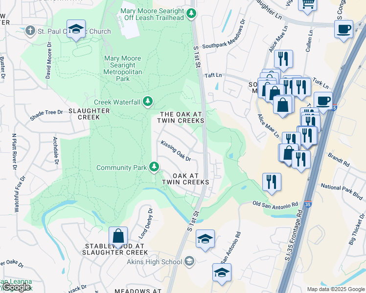 map of restaurants, bars, coffee shops, grocery stores, and more near 313 Island Oak Drive in Austin