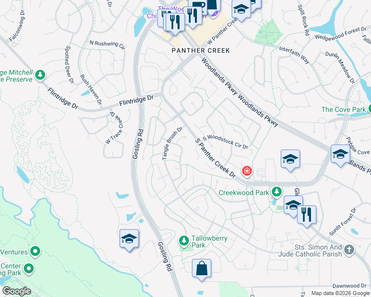 map of restaurants, bars, coffee shops, grocery stores, and more near 28 South Cypress Pine Drive in Spring