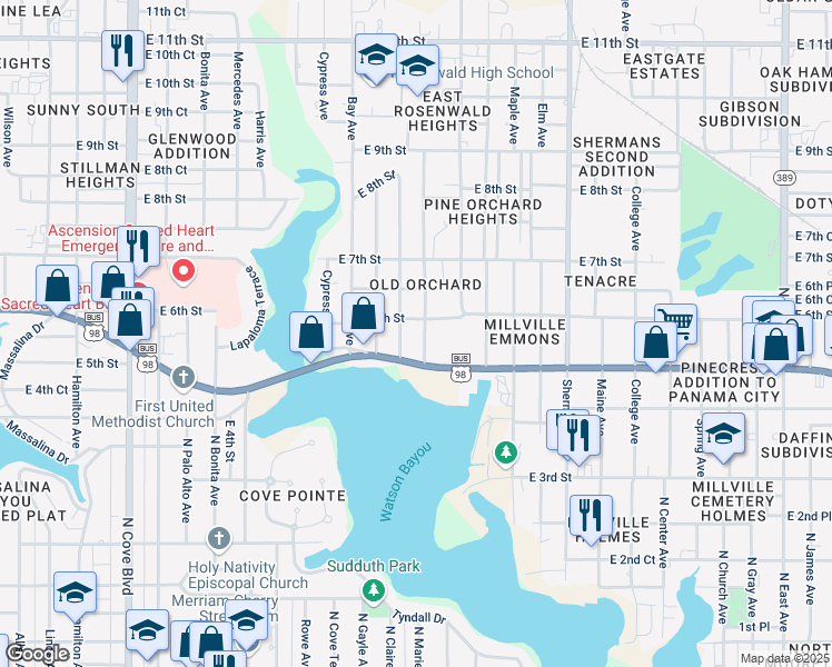 map of restaurants, bars, coffee shops, grocery stores, and more near 517 Cactus Avenue in Panama City